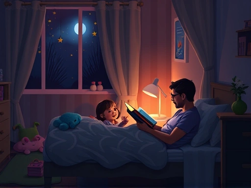 A cozy children's bedroom at night, with a parent reading a bedtime story to a 5-12 year old child, soft lighting, and calming atmosphere for better sleep.