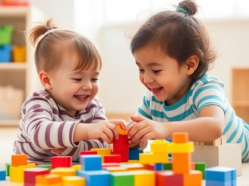 A warm, inviting image of a 3-year-old child happily engaging in collaborative play with another child, surrounded by colorful building blocks, emphasizing positive social interaction and development.
