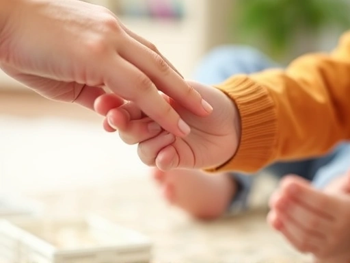 A close-up shot of an adult's hand gently guiding a child's hand to share a toy, focusing on empathetic gestures and clear communication, highlighting social learning for toddlers.