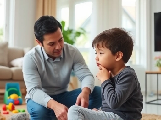 A calm parent gently talking to a 6-year-old child who is expressing frustration, in a brightly lit living room with toys scattered around, emphasizing peaceful communication.
