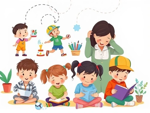 A vibrant illustration showing a child of various ages (toddler to teenager) engaging in diverse activities like painting, playing sports, reading, and coding, symbolizing talent and aptitude discovery, with a parent observing supportively in a bright, encouraging environment.