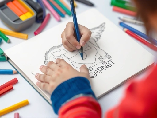A close-up view of a child's hand drawing on a sketchbook, with colorful art supplies scattered around, highlighting the act of creative expression and focus, symbolizing the process of discovering a talent or aptitude in a child.