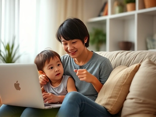 A realistic depiction of a parent and a 4-10 year old child together, looking at a visual timer set for screen time, demonstrating clear rules and consistency in a warm home environment.