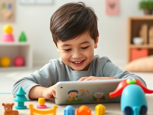 A cheerful young child aged 6-7, focused and smiling while playing an educational game on a tablet, surrounded by colorful, playful learning elements, with keywords like 