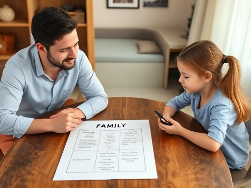 A family (parents and an elementary school child) sitting together at a table, discussing smartphone rules with a 