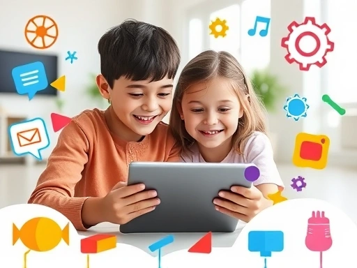 A curious 10-year-old boy and girl happily coding together on a tablet, surrounded by colorful abstract code blocks and playful learning icons, in a bright, modern educational setting.