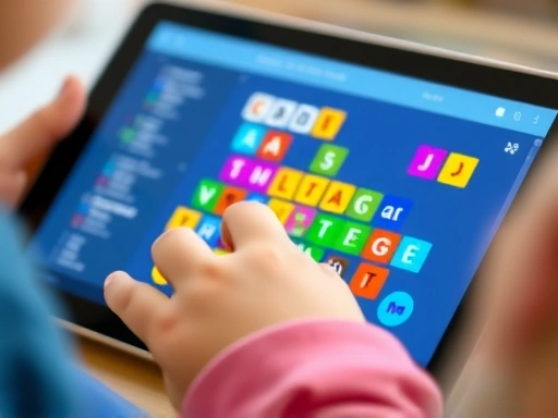 Close-up of a child's hands confidently dragging and dropping colorful code blocks on a tablet screen, with a blurred background of a child-friendly programming interface, emphasizing engagement and simplicity.