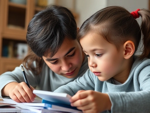 Close-up of a parent and child sharing a quiet, focused moment during a homeschooling session, with educational materials scattered around, emphasizing the strong bond and personalized attention.