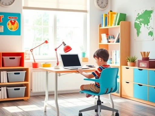 A brightly lit, organized study space for an elementary school student, with a desk, chair, tablet, and colorful but minimal decorations, emphasizing focus and comfort.