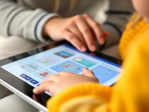 Close-up of a child's hands navigating an online learning platform on a tablet, with a parent's encouraging hand gently on their shoulder, symbolizing support and engagement.