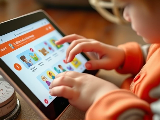 Close-up of a child's hands interacting with a tablet, showing an engaging online learning platform interface with colorful graphics and educational content.