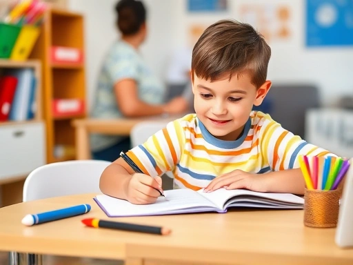 A vibrant scene of a young elementary school child happily doing homework at a neat desk, with a parent gently supervising in the background, promoting self-reliance and focus.