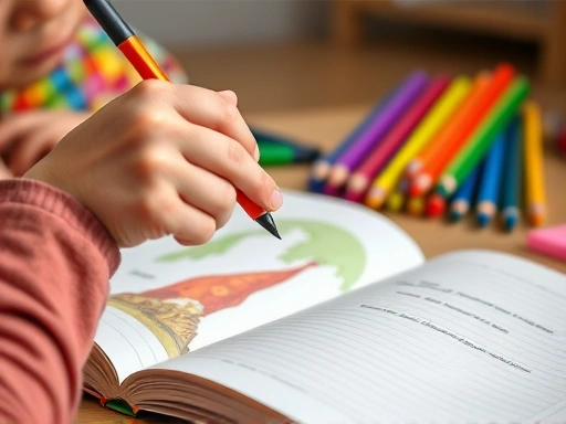 A close-up shot of a child's hand holding a pen, pointing at a vivid illustration in an open elementary school textbook, with colorful pencils and a neatly written notebook in the background, highlighting the interactive learning process.