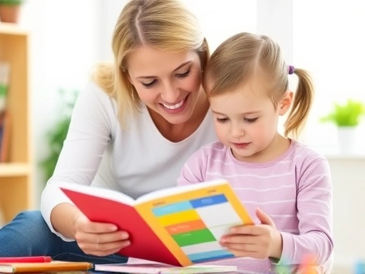 A caring parent gently guiding an elementary school child, both looking at a colorful learning planner, demonstrating effective learning progress check and management. The scene is bright and encouraging.