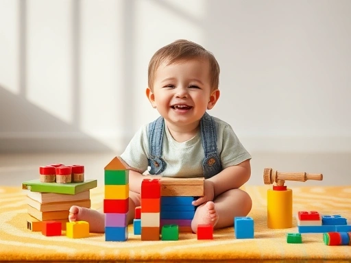 A cheerful elementary school child engaged in playful learning activities with building blocks and colorful educational toys on a sunny rug, symbolizing reduced burden and joy.