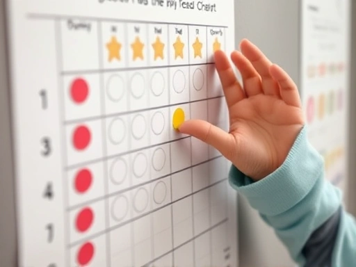 A close-up of a child's hand proudly placing a sticker on a progress chart, showing a sense of accomplishment for small, completed tasks.