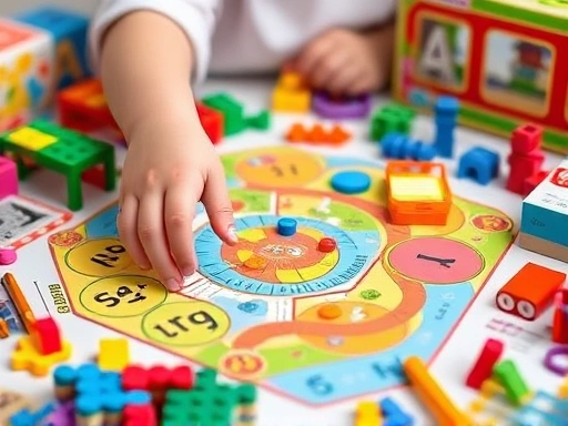 Close-up on a child's hands interacting with a colorful, educational board game, surrounded by diverse learning materials like building blocks and science kits, emphasizing hands-on learning and critical thinking.