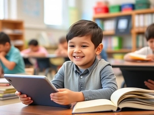 A child in an elementary school classroom, happily engaged with various learning tools, with a diverse mix of digital tablets and traditional books, showcasing a balanced approach to education.