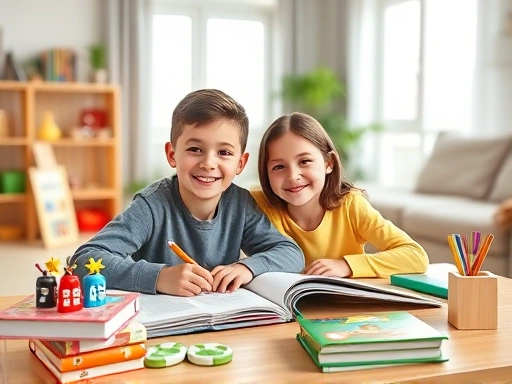 A brightly lit, modern living room where a smiling 10-year-old child and a parent are happily studying together at a wooden table, surrounded by colorful books and educational toys, emphasizing learning motivation for elementary school children.