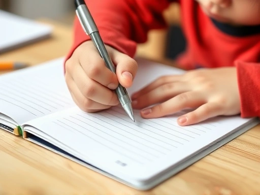 Close-up of a child's hands confidently writing in a notebook, with a parent's hand gently guiding, focusing on self-directed learning and motivation for elementary school students.