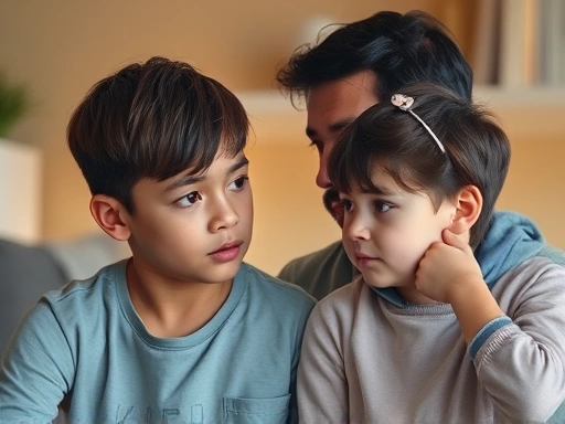 A concerned parent, looking thoughtfully at their 10-12 year old child, who is showing signs of growth and slight emotional distance, symbolizing puberty. Soft, warm lighting.