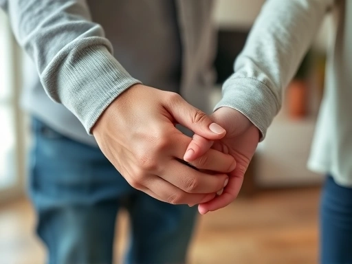 Close-up of two hands, one adult and one child's, gently clasped, illustrating connection and support during puberty, with a blurred background of a living room.