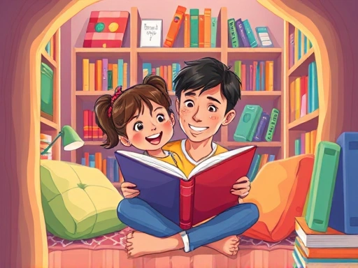 A vibrant illustration of a cozy reading nook where a happy 7-year-old girl is engrossed in a book, with a parent gently observing in the background, surrounded by bookshelves.