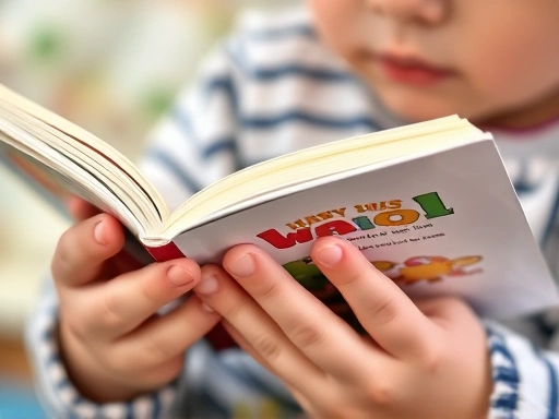 Close-up of a child's hands holding an open storybook, with colorful illustrations visible, suggesting a young child engaged in reading or being read to.