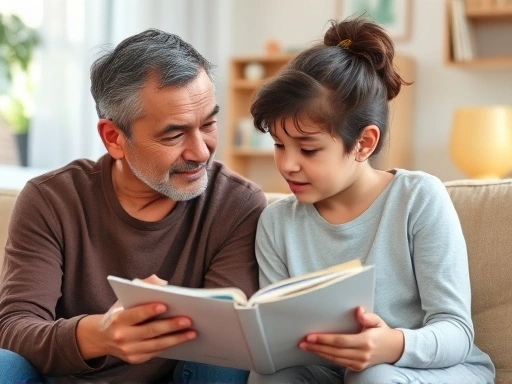 A concerned parent and child discussing school issues in a warm, supportive home environment, emphasizing open communication and safety.