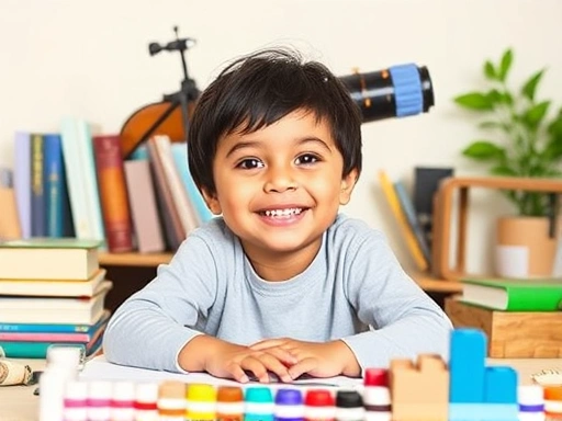 A cheerful 10-12 year old child, surrounded by diverse elements representing different careers like books, a small telescope, art supplies, and building blocks, exploring with curiosity and joy, soft lighting.