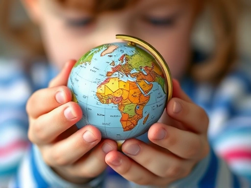 Close-up of a child's hands holding a miniature globe or a magnifying glass, focusing on a diverse set of tiny career-related objects or icons, representing exploration and discovery.