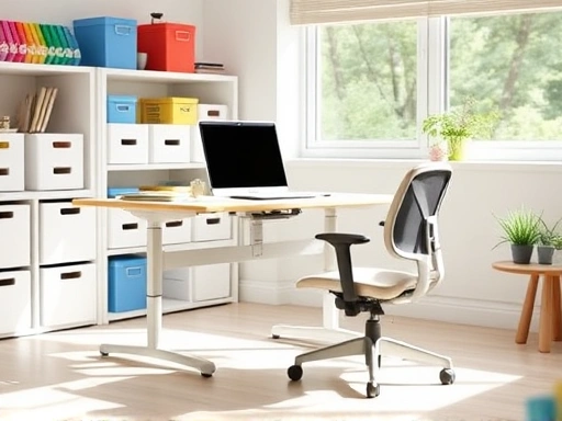 A bright, well-organized study space for an elementary school child, featuring an adjustable desk and an ergonomic chair with proper posture, sunlight streaming in.