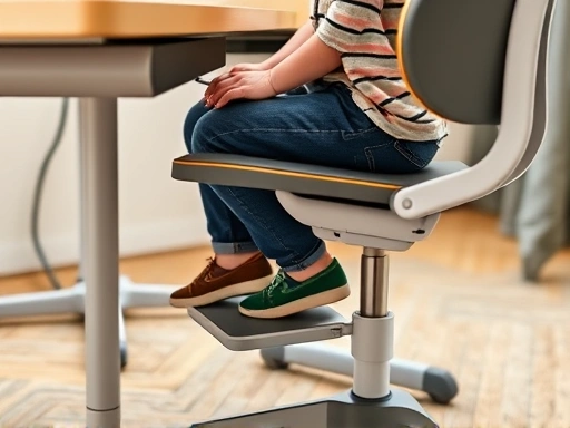 Close-up of a child's hands writing on an adjustable desk, demonstrating ergonomic posture with a correctly adjusted chair and a footrest, focusing on detailed setup.