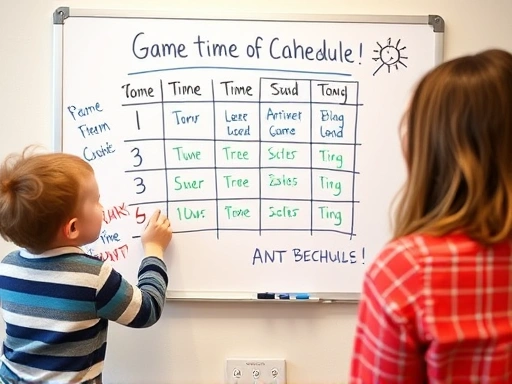 A child and parent happily creating a game time schedule on a whiteboard, with colorful drawings and a positive, collaborative atmosphere, emphasizing communication.