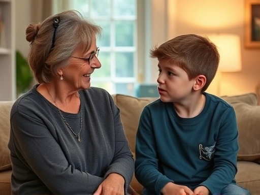 A caring parent gently talking with their elementary school child, who looks a bit down, in a warm and supportive home environment, emphasizing empathy and understanding.