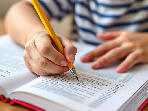 Close-up of a child's hand holding a pencil over a textbook, with a parent's hand gently placed on their shoulder, symbolizing guidance and support during study time.