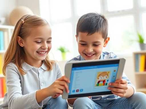 A cheerful elementary school student actively engaging with a learning management app on a tablet, with a parent gently guiding them in a brightly lit study room, highlighting effective app usage and family bonding.