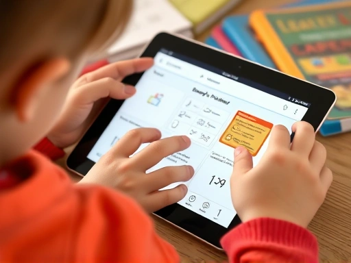 A close-up of a child's hands interacting with a learning app on a tablet, showcasing specific features like a study planner or a problem-solving interface, with a subtle background of study materials, emphasizing the practical application of learning management apps for elementary students.