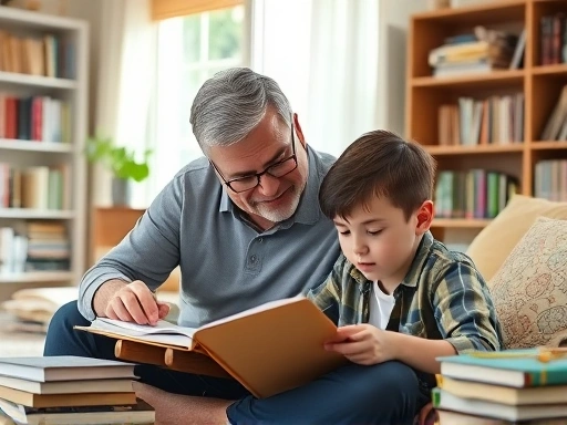 A concerned parent gently guiding an elementary school student through their homework in a bright, supportive home environment, surrounded by books and learning materials, illustrating academic support.