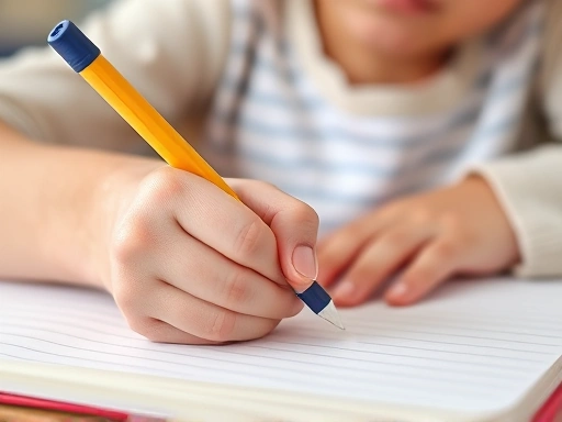 Close-up of a child's hand holding a pencil, writing in a notebook, with a parent's reassuring hand on their shoulder, emphasizing focused learning and parental support for overcoming academic struggles.