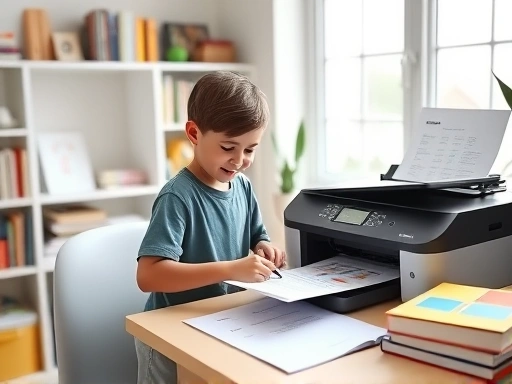 A bright, modern home study room where an elementary school child is happily printing colorful worksheets from a sleek, compact printer, surrounded by books and study materials.