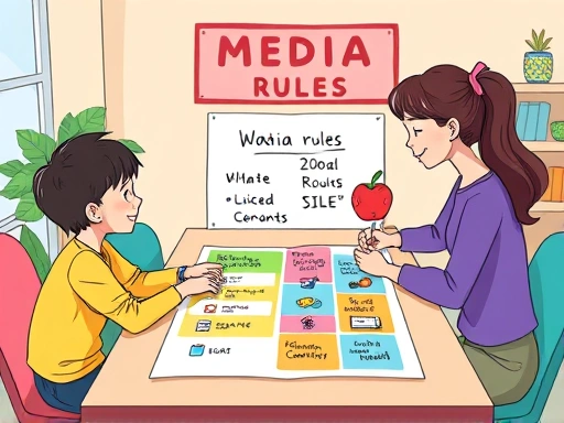 A vibrant illustration of a family (parents and an elementary school child) sitting together at a table, discussing and writing down media rules on a colorful chart, depicting collaboration and understanding.