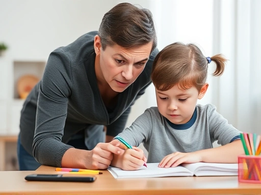 A frustrated parent gently guiding an elementary school child at a desk with homework, showing patience and support. The child is focused.