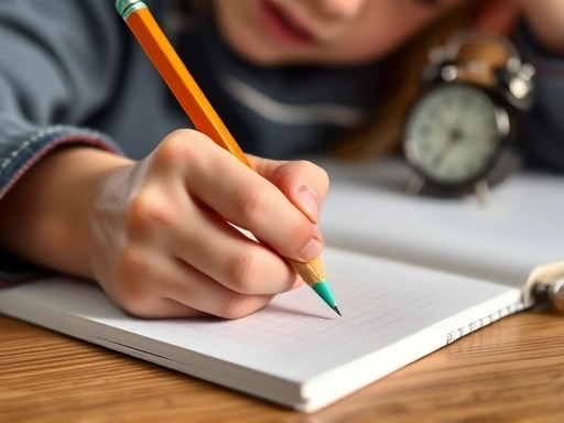 Close-up of a child's hand holding a pencil over a notebook, with a timer nearby, illustrating focused study.