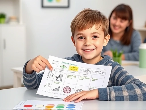 A cheerful elementary school child, aged 7-8, sitting at a clean desk, proudly pointing at a colorful, handmade study plan filled with drawings and stickers, with a parent gently smiling in the background, promoting self-directed learning for young students.