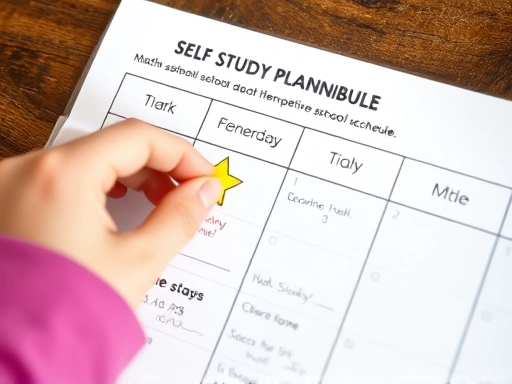 Close-up of a child's hand placing a small, star-shaped sticker on a visual study schedule, next to a completed task for 