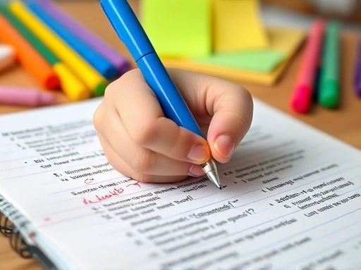 Close-up of a child's hand holding a bright blue pen, highlighting important keywords with stars and arrows in a neatly organized study notebook with various colored pens and sticky notes in the background.