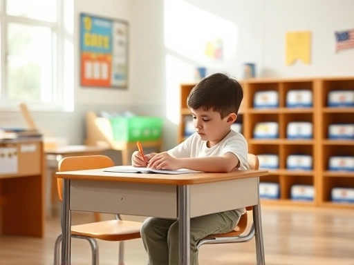 A calm elementary school student studying at a tidy desk in a bright, organized room, with sunlight streaming in, representing a positive learning environment.