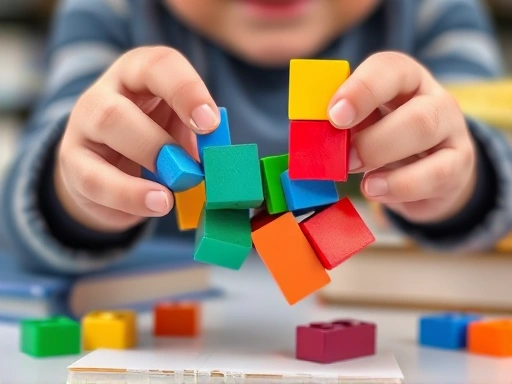 Close-up of a child's hands holding building blocks or drawing, symbolizing play and creative relaxation as a contrast to academic pressure, with a blurred background of books.