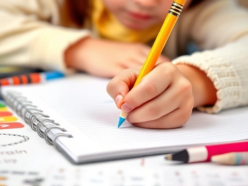Close-up of a child's hand holding a pencil, writing in a notebook, surrounded by colorful educational materials, focusing on diligent study.